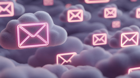 A captivating visual of pink neon email icons suspended among soft, fluffy clouds creates a unique and engaging atmosphere for digital communication themes.の素材