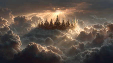 A breathtaking golden kingdom emerges from lush clouds, illuminated by radiant sunlight at twilight, creating a serene and ethereal atmosphere.の素材