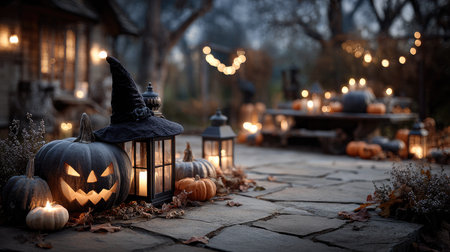 Experience the enchanting atmosphere of a Halloween night filled with glowing jack-o'-lanterns and flickering lanterns, creating a cozy garden setting.の素材