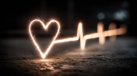 A captivating depiction of a heart shape made with sparklers, symbolizing love and emotion, complemented by a heartbeat line creating a festive atmosphere.の素材