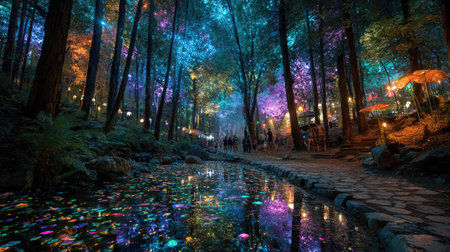 This stunning image captures an enchanting forest scene illuminated with colorful lights reflecting on a serene water body. Perfect for evoking a sense of magic and tranquility in nature.の素材