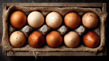 A visually appealing arrangement of assorted fresh eggs in warm natural colors, displayed in a rustic wooden box with a burlap backdrop, perfect for food photography or culinary projects.の素材