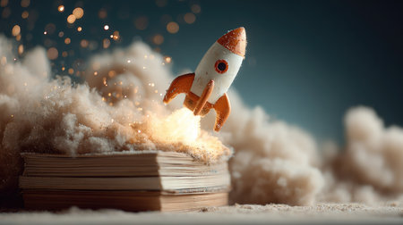 A vibrant image of a toy rocket launching from a stack of books, surrounded by smoke and sparkling effects, representing imagination and adventure.の素材