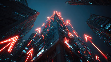 A stunning view of a modern cityscape at night, featuring skyscrapers with neon lights and dynamic arrows, symbolizing growth and innovation in an urban environment.の素材