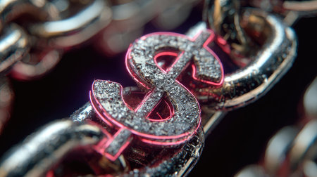 This stunning close-up image captures a metallic chain link featuring a glossy dollar sign, illuminated with a vibrant neon glow, symbolizing wealth.の素材
