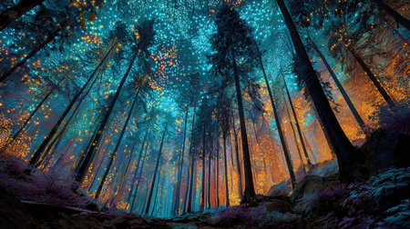 Experience the magic of an enchanted forest where glowing lights intertwine with a starry sky. This serene landscape captures nature's beauty in vibrant colors, evoking a sense of wonder and tranquility.の素材