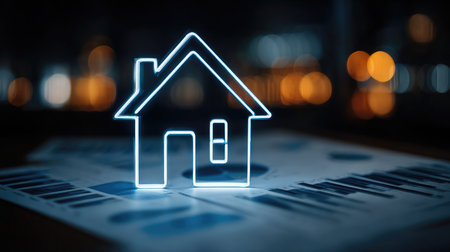 A captivating abstract illustration featuring a glowing house icon set against a blurred background of urban lights and real estate graphs.の素材