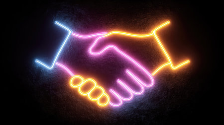 A vibrant neon artwork depicting a handshake, symbolizing agreement and partnership. This creative image captures collaboration against a dark background, perfect for business themes.の素材