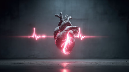 This striking illustration depicts a heart with a glowing pulse line, representing vitality and health in a modern design, perfect for medical or artistic themes.の素材