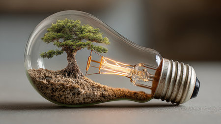 This creative image features a lightbulb with a tree growing inside, symbolizing sustainability and nature. The artwork beautifully blends elements of growth and innovation, making it ideal for themes around environmental consciousness and creativity.の素材