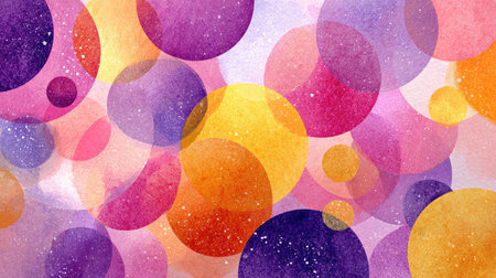 A vibrant and abstract watercolor background featuring transparent circles in various colors, creating a playful and artistic atmosphere perfect for design projects.の素材