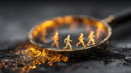 This captivating image features a magnifying glass that highlights glowing figures appearing to walk, set against a dark backdrop. The scene evokes themes of exploration and imagination through its vibrant sparkle and dreamlike quality.の素材