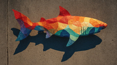 This stunning artwork features a colorful fish shadow cast on an urban surface, showcasing vibrant colors and creative design elements that celebrate art and nature.の素材