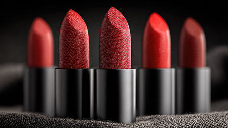 A stunning close-up image showcasing an array of red lipsticks with different textures and finishes. Perfect for beauty portfolios and cosmetic promotions.の素材