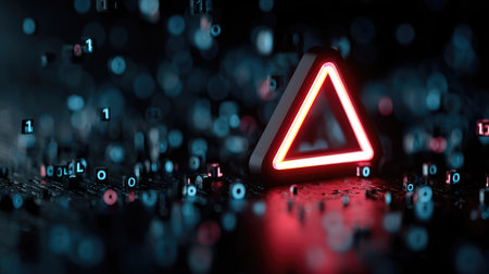 This striking image features a neon warning symbol illuminated with a vibrant glow, surrounded by floating binary code, evoking a high-tech atmosphere.の素材