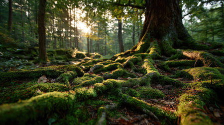 Experience the serene beauty of a moss-covered forest floor bathed in soft sunlight, showcasing intricate roots and lush greenery, a perfect woodland escape.の素材