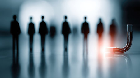 An abstract image showcasing a glowing hook symbolizing attraction amidst blurred silhouettes. The composition conveys themes of connection and interaction, illustrating the dynamics of human relationships in a modern context.の素材