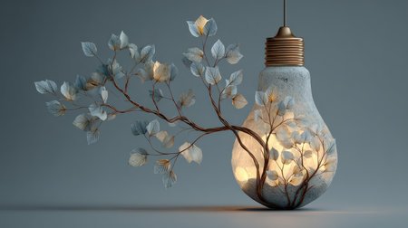 This captivating image features a light bulb transformed into an artistic piece, with a branch and elegant leaves that evoke a sense of nature and tranquility.の素材