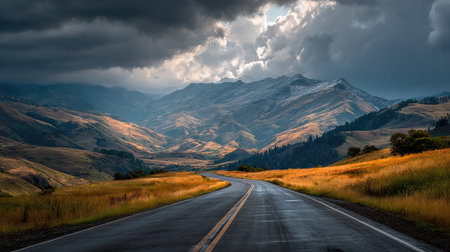 A stunning view of a winding road traversing through majestic mountains, framed by dramatic clouds and vibrant autumn colors under a moody sky.の素材