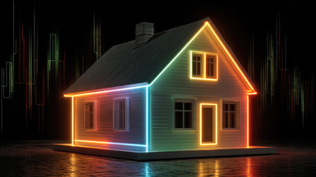 A captivating futuristic house illuminated with neon lights against a dark background, highlighted by abstract colorful graphs, creating a striking visual ambiance.の素材
