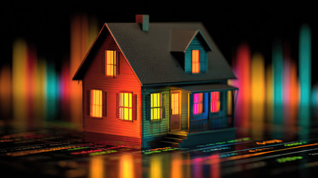 A striking miniature house featuring bright illuminated windows, set against a vivid digital backdrop. This image captures the fusion of home and technology, perfect for illustrating themes of innovation and creativity.の素材