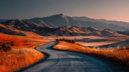 A breathtaking scene featuring a winding road meandering through an autumn landscape, illuminated by warm sunset colors reflecting off rolling hills and mountains.の素材