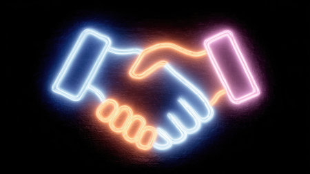 A vibrant neon handshake artwork representing unity and collaboration on a dark background, perfect for themes of partnership and agreement in business or personal relationships.の素材