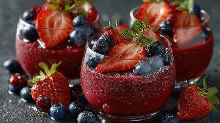 Delight in this vibrant dessert featuring fresh strawberries and blueberries beautifully arranged in glass bowls, garnished with mint leaves.の素材