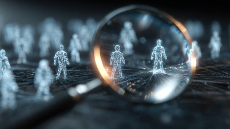 A magnifying glass emphasizes digital human figures within an abstract network, symbolizing exploration and analysis in a connected digital world.の素材