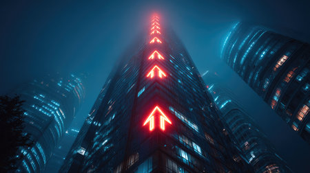 A stunning view of a skyscraper at night, featuring bright neon arrows glowing against a foggy backdrop. The scene captures urban life and modern architecture.の素材