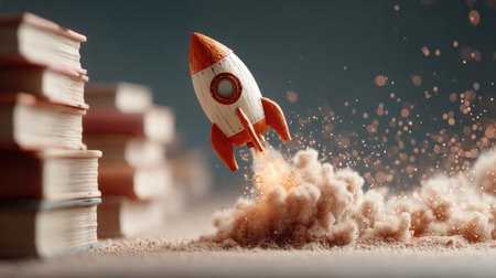 A dynamic scene depicting a rocket launching above a stack of books, creating a cloud of dust and sparkles, symbolizing imagination and exploration.の素材