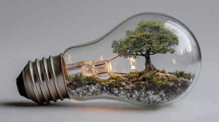 A stunning light bulb captures a miniature tree landscape inside, symbolizing growth, sustainability, and the harmony between nature and innovation.の素材