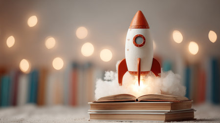 An imaginative scene depicting a rocket launching from an open book, symbolizing knowledge and creativity. Soft lights in the background enhance the whimsical atmosphere.の素材