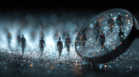 This captivating image features silhouetted figures appearing through a magnifying glass, surrounded by a dreamlike, glowing background, evoking mystery and exploration.の素材