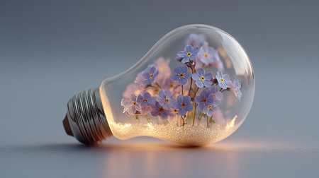 This artistic image features a light bulb filled with delicate flowers, creating a captivating blend of nature and illumination. The soft glow enhances the beauty and tranquility of the floral arrangement within, making it a perfect representation of modern creativity and elegance.の素材