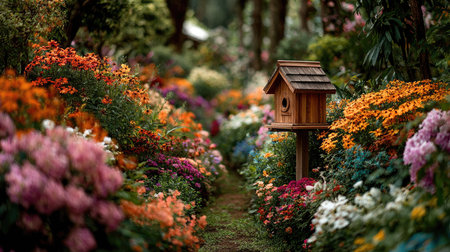 A stunning garden scene showcasing a charming wooden birdhouse surrounded by a vibrant array of colorful flowers in full bloom, creating a serene atmosphere.の素材