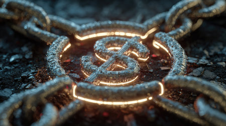 A close-up image showcasing a glowing dollar symbol surrounded by metallic chain links set against a rugged, dark surface, conveying themes of finance and security.の素材
