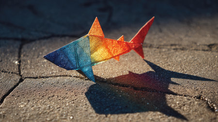 A captivating origami shark showcasing a beautiful gradient of colors rests on a cracked surface, casting a striking shadow in natural light.の素材