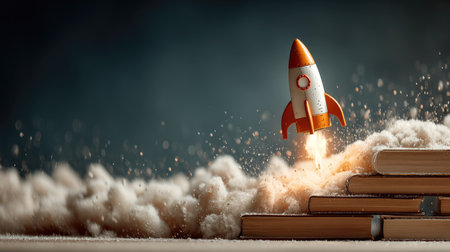 A vibrant image shows a small rocket launching from a stack of books, surrounded by clouds of dust and sparkles, symbolizing the adventure of learning and creativity.の素材