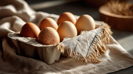A beautifully arranged collection of freshly gathered eggs in a rustic carton, capturing a serene moment in a natural environment with warm lighting.の素材