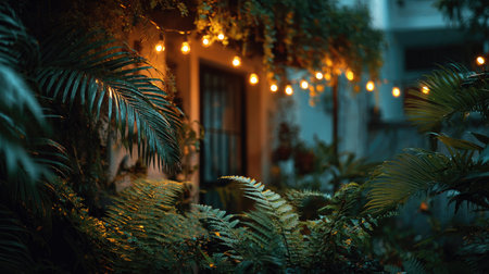 A serene outdoor space adorned with lush plants and soft string lights creates a cozy atmosphere at dusk, inviting relaxation and tranquility.の素材
