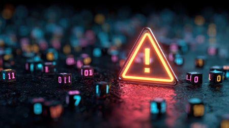 A vivid triangular warning sign featuring an exclamation mark glows prominently against a dark backdrop filled with colorful digital numbers, symbolizing caution and alertness in a tech-driven environment.の素材