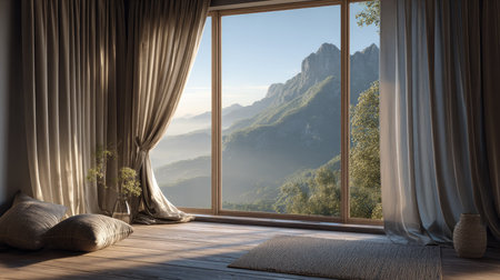 Experience tranquility with this stunning view of majestic mountains through elegant curtains in a modern interior. Ideal for inspiration and relaxation.の素材