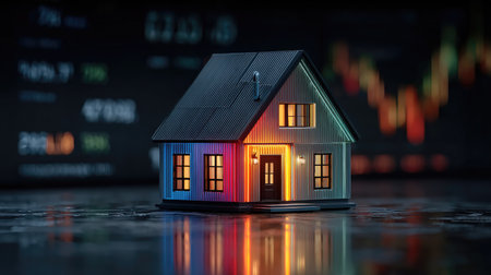 A vibrant miniature house model illuminated with colorful lights, set against a backdrop of fluctuating market graphs, symbolizing real estate investment and trends.の素材