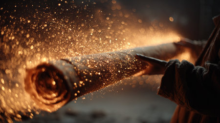A captivating scene depicting hands holding a roll of fabric surrounded by radiant sparks and glowing particles, capturing the essence of craftsmanship and creativity.の素材