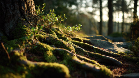A close-up image showcasing moss-covered tree roots in a serene forest, illuminated by soft sunlight during the golden hour, creating a peaceful atmosphere.の素材
