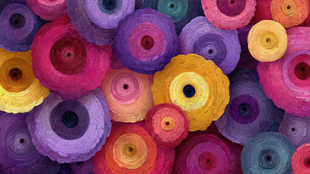 A stunning display of colorful paper circles in various shades and textures, perfect for creative projects, event decorations, or artistic inspiration.の素材