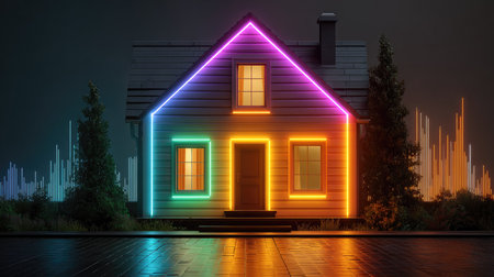 A visually striking house illuminated with colorful neon lights, set against a night sky with dynamic sound wave patterns. Ideal for creative projects.の素材