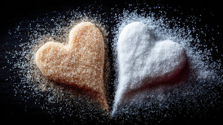 This artistic arrangement features heart-shaped forms made from brown and white sugar, creating a striking visual contrast on a dark background, perfect for culinary or romantic themes.の素材