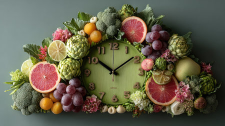A stunning decorative clock combining fresh fruits and vegetables, showcasing a vibrant green clock face surrounded by colorful produce for artistic flair.の素材
